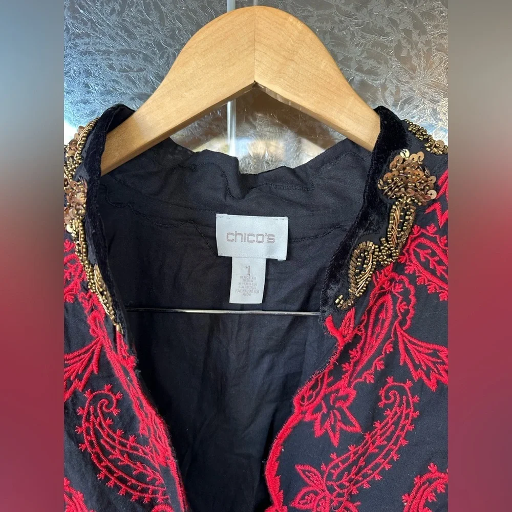 Chico’s Jacket Sz 1 Black Red Embroidered Floral gold Beads 3/4 length sleeves